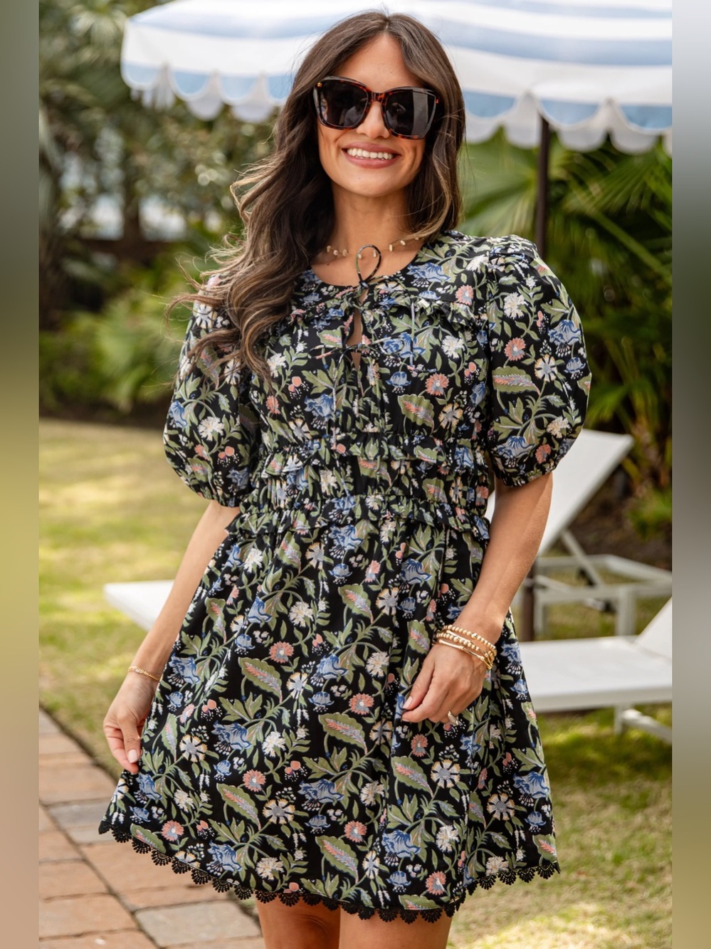 &Merci Black Botanical Floral Smocked Mini Dress with Pockets